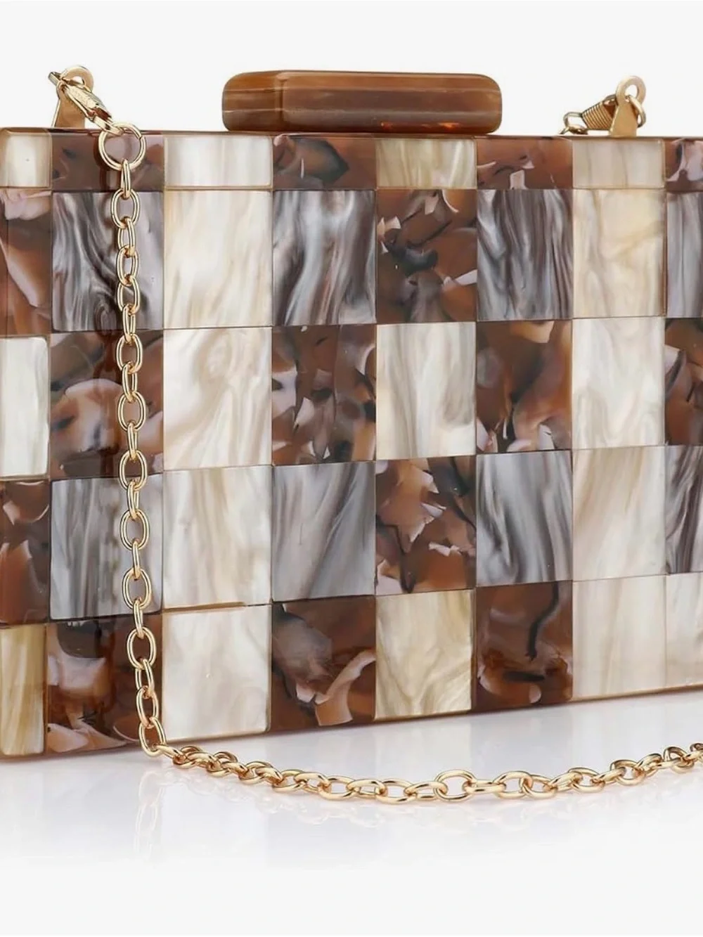 NEW Brown Marble Check Acrylic Evening Clutch with Gold Chain
